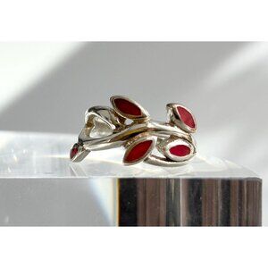Olive Branch Natural Coral Accented Wrap 925 Sterling Silver Vintage Ring - sz 6